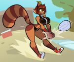  2022 anthro aygee big_breasts breasts brown_body brown_hair canid canine clothing female footwear green_eyes hair leaf mammal navel outside raccoon_dog rubber shoes short_hair smile solo sport suki_(dvampiresmile) tanuki volleyball 