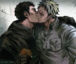  2boys agroshka aikawa_(dorohedoro) arm_hug artist_name bangs bara black_hair blonde_hair blush breast_pocket closed_eyes collared_shirt commentary couple dorohedoro doughnut english_commentary food french_kiss gloves holding holding_food hood hood_down hoodie kiss long_sleeves male_focus multicolored_hair multiple_boys muscular muscular_male open_mouth pocket risu_(dorohedoro) scar scar_across_eye scar_on_face shirt short_hair simple_background sweatshirt thick_eyebrows twitter_username two-tone_hair upper_body yaoi 