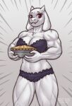  2022 anthro big_breasts boss_monster bovid bra breasts caprine chest_tuft clothing dessert eyebrows eyelashes female food fur goat hi_res holding_food holding_object holding_pie horn looking_at_viewer mammal mature_anthro mature_female muscular muscular_anthro muscular_female panties pie piercing purple_bra purple_clothing purple_panties purple_underwear rawslaw5 red_eyes solo toriel tuft undertale undertale_(series) underwear video_games white_body white_fur 