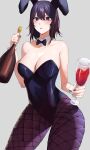  1girl absurdres alcohol animal_ears bangs bare_shoulders black_hair blush bottle bow bowtie breasts cleavage detached_collar feet_out_of_frame fingernails fishnets glass grey_background hair_between_eyes hands_up highres holding holding_bottle large_breasts looking_at_viewer nail_polish open_mouth original playboy_bunny purple_eyes rabbit_ears rororo short_hair simple_background sleeveless solo standing wine 
