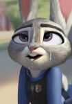  2022 anthro bodily_fluids clothed clothing cum cum_on_face disney eye_roll female fur genital_fluids grey_body grey_fur hi_res judy_hopps lagomorph leporid mammal police_uniform purple_eyes qupostuv35 rabbit solo uniform zootopia 