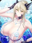 1girl artoria_pendragon_(fate) artoria_pendragon_(lancer_alter)_(fate) artoria_pendragon_(lancer_alter)_(royal_icing)_(fate) bare_shoulders black_gloves blonde_hair blue_babydoll blush braid breasts choker cleavage collarbone covered_nipples fate/grand_order fate_(series) french_braid gloves hair_between_eyes horns jewelry large_breasts long_hair looking_at_viewer minami_koyogi necklace see-through sidelocks snowflake_print solo yellow_eyes 