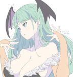  1girl breasts cleavage dated demon_girl green_hair headwear_removed kichihachi large_breasts long_hair looking_to_the_side morrigan_aensland simple_background solo twitter_username upper_body vampire_(game) white_background 