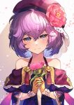  1girl alternate_costume bangs bare_shoulders beret bernadetta_von_varley blush commentary_request eyebrows_visible_through_hair fire_emblem fire_emblem:_three_houses flower gloves grey_eyes hair_between_eyes hat hat_flower highres holding holding_flower nakabayashi_zun petals pink_flower purple_hair purple_headwear short_hair solo thistle wavy_mouth white_background yellow_gloves 