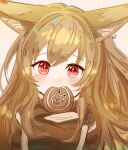  +_+ 1girl arknights artist_name blush brown_hair brown_jacket ceobe_(arknights) cookie dotted_background eyebrows_visible_through_hair food food_in_mouth hair_between_eyes highres jacket long_hair looking_at_viewer mouth_hold red_eyes ret_(tiiuu) shadow solo straight-on upper_body white_background 