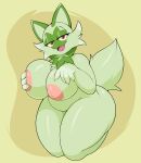  absurd_res areola big_breasts breasts curvy_figure felid feline female fur green_body green_fur hi_res holding_breast kneeling looking_at_viewer mammal nintendo nipples open_mouth pok&eacute;mon red_eyes slightly_chubby solo sprigatito thick_thighs video_games virito voluptuous 