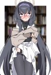  1girl bangs black_eyes black_hair black_legwear blue_archive blurry blurry_background blush book bookshelf closed_mouth clothes_lift commentary_request covered_navel female_pubic_hair futapi glasses hairband halo highres jewelry lifted_by_self long_hair low_twintails necklace panties panties_under_pantyhose pantyhose pubic_hair pubic_hair_peek sailor_collar school_uniform serafuku skirt skirt_lift solo sweat twintails ui_(blue_archive) underwear very_long_hair white_sailor_collar white_skirt 