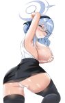  1girl ako_(blue_archive) arm_up armpits ass bangs bare_arms bare_shoulders black_legwear black_skirt blue_archive blue_hair blush breasts commentary_request from_behind hairband halo highres large_breasts looking_at_viewer looking_back panties parted_lips sideboob simple_background skirt solo thighhighs thighs tomohiro_(duo) underwear white_background white_panties 