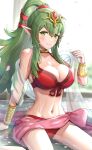  1girl alternate_costume arm_support bangs bare_shoulders bikini blush bracelet breasts cleavage closed_mouth collarbone commentary fire_emblem fire_emblem_awakening fire_emblem_heroes gonzarez green_eyes green_hair groin highres jewelry large_breasts lips long_hair looking_at_viewer navel partially_submerged petals pointy_ears ponytail red_bikini revision sarong shiny shiny_hair shiny_skin simple_background sitting smile solo stomach swimsuit tiara tied_hair tiki_(fire_emblem) wariza water water_drop wet 
