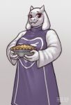  2022 anthro boss_monster bovid breasts caprine clothed clothing dessert eyebrows eyelashes female food fur goat hi_res holding_food holding_object holding_pie horn looking_at_viewer mammal mature_anthro mature_female pie piercing rawslaw5 red_eyes solo toriel undertale undertale_(series) video_games white_body white_fur 