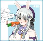  1girl animal_ears aqua_border bangs bare_shoulders beret blush breasts carrot character_name cleavage collarbone dress eyebrows_visible_through_hair fake_animal_ears girls&#039;_frontline green_eyes hair_ornament hair_ribbon hairclip hat highres hk416_(girls&#039;_frontline) hk416_(herbal-flavored_hard_candy)_(girls&#039;_frontline) light_blue_hair long_hair looking_away medium_breasts official_alternate_costume open_mouth paaam rabbit_ears ribbon simple_background solo teardrop_facial_mark teardrop_tattoo teeth translation_request upper_body upper_teeth white_dress 
