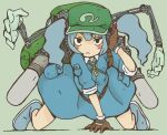  1girl backpack bag belt blue_dress blue_footwear blue_hair blush boots brown_gloves dress gloves green_headwear hair_bobbles hair_ornament hat head headphones headset kawashiro_nitori key kishiinu machinery mechanical_arms skirt solo tank_(container) touhou twintails 