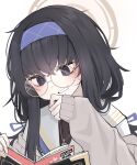  1girl absurdres bangs black_hair blue_archive blue_eyes blue_hairband blush book cardigan drooling glasses grey_cardigan hair_between_eyes hair_ribbon hairband halo highres jewelry ka_keo korean_commentary long_hair long_sleeves manga_(object) mouth_drool ribbon round_eyewear simple_background solo sweat ui_(blue_archive) very_long_hair white_background 