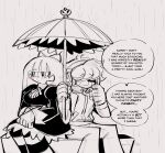  1boy 1girl absurdres blush bow breasts brief_(psg) english_text gothic_lolita headphones highres ink_(ink01_) lolita_fashion long_hair medium_breasts panty_&amp;_stocking_with_garterbelt rain sitting stocking_(psg) striped striped_legwear thighhighs umbrella 