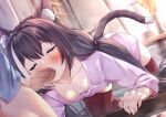 1boy 1girl all_fours animal_ear_fluff animal_ears bangs black_hair blurry blurry_background blush breasts cat_ears cat_tail cleavage closed_eyes collarbone commentary_request fellatio heart hetero highres indoors jon_(pixiv31559095) karyl_(princess_connect!) long_hair long_sleeves low_twintails multicolored_hair nipples oral pajamas penis princess_connect! red_legwear small_breasts solo_focus streaked_hair tail thighhighs twintails white_hair 
