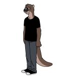  2020 anthro big_nose black_clothing black_footwear black_nose black_shirt black_shoes black_topwear blackshirtboy bottomwear brown_body brown_fur clothing denim denim_clothing eyewear footwear fur glasses glistening glistening_nose grey_jeans hi_res jeans long_tail lutrine male mammal mustelid otter_(blackshirtboy) pants paws round_glasses shirt shoes simple_background smile solo topwear white_background white_soles 
