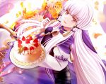  1girl bouquet cake capri_(blaue0514) closed_mouth commentary_request fire_emblem fire_emblem:_three_houses flower food fork hair_ornament highres holding holding_fork long_hair long_sleeves looking_at_viewer lysithea_von_ordelia petals red_eyes smile solo upper_body white_hair 