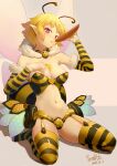  1girl areola_slip areolae arthropod_girl artist_name bee_girl breasts dated heart heart-shaped_pupils highres honey large_breasts looking_at_viewer monster_girl navel original pointy_ears smlltb solo striped striped_legwear symbol-shaped_pupils thighhighs wings 