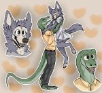  2022 anthro barefoot beastars black_nose bottomwear canid canine canis carrying carrying_partner claws clothed clothing digital_media_(artwork) dress duo eyes_closed feet female forked_tongue fur gosha_(beastars) green_body green_scales grey_body grey_fur heart_background hi_res hindpaw humanoid_hands komodo_dragon lizard male male/female mammal monitor_lizard open_mouth open_smile pants paws reptile romantic romantic_couple scales scalie shirojackote shirt smile standing teeth toe_claws toes toki_(beastars) tongue topwear wolf 