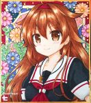  1girl bangs black_serafuku blush brown_eyes brown_hair closed_mouth commentary_request floral_background hair_flaps hairband highres kantai_collection long_hair looking_at_viewer mayuki_(nami1120) neckerchief red_hairband red_neckerchief red_neckwear school_uniform serafuku shiratsuyu_(kancolle) shiratsuyu_kai_ni_(kancolle) smile solo traditional_media twitter_username upper_body whistle whistle_around_neck 