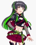  1girl :d bangs black_capelet black_footwear black_hair blunt_bangs boots breasts capelet checkered_sleeves cleavage contrapposto cowboy_shot crop_top detached_sleeves eyebrows_visible_through_hair green_belt green_hair green_nails hand_on_hip highres idolmaster idolmaster_shiny_colors layered_skirt long_hair long_sleeves looking_at_viewer mayuzumi_fuyuko medium_breasts midriff miniskirt multicolored_hair nail_polish navel open_mouth orange_eyes pleated_skirt red_skirt saka_nanato shiny shiny_hair simple_background skirt smile solo standing stomach thigh_boots thighhighs two-tone_hair two_side_up very_long_hair white_background zettai_ryouiki 