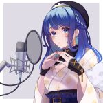  1girl bangs belt black_headwear blue_belt blue_eyes blue_hair blue_nails border braid breasts character_request cleavage closed_mouth commission eyebrows_visible_through_hair hat highres japanese_clothes kimono long_hair looking_at_viewer medium_breasts microphone multicolored_hair nail_polish pop_filter print_kimono ribbon rik_works skeb_commission solo two-tone_hair virtual_youtuber white_border white_kimono yellow_ribbon 