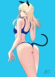  1girl absurdres animal_ears ass_visible_through_thighs bikini blonde_hair blue_bikini breasts cat_ears cat_tail from_behind glasses highres long_hair looking_at_viewer perrine_h._clostermann small_breasts solo strike_witches swimsuit tail thighs twitter_username varie7k white_background world_witches_series yellow_eyes 