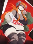  anthro atlus belt bottomwear breasts brown_eyes chubby_female cleavage clothed clothing cosplay digital_drawing_(artwork) digital_media_(artwork) eyelashes eyewear female futaba_sakura giant_panda glasses hair headphones legwear looking_at_viewer mammal megami_tensei megami_tensei_persona navel orange_hair overweight overweight_anthro overweight_female shirt shorts sitting solo sukebe sukebepanda sweater tank_top topwear torn_clothing torn_legwear ursid video_games 