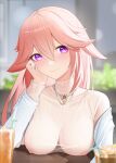  1girl blush breast_rest breasts breasts_on_table cardigan casual cup dating drinking_glass drinking_straw exhibitionism genshin_impact hair_between_eyes hand_on_own_face highres jewelry large_breasts long_hair long_sleeves looking_at_viewer necklace nipples no_bra off_shoulder orange_juice pink_hair pink_sweater public_indecency purple_eyes see-through see-through_shirt smile solo sweater sye- turtleneck turtleneck_sweater upper_body white_cardigan yae_miko 