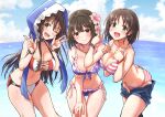  3girls animal_hood bikini blue_bikini blue_shorts blue_sky breasts brown_eyes brown_hair cleavage cloud commentary_request cowboy_shot day double_v floral_print frilled_bikini frills green_eyes hair_flaps harada_miyo himekawa_yuki hood horizon idolmaster idolmaster_cinderella_girls large_breasts leaning_forward long_hair multiple_girls ocean outdoors shark_hood short_hair shorts side-tie_bikini sky starheart striped striped_bikini swimsuit takafuji_kako v 