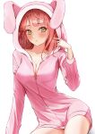  1girl absurdres animal_hood blush breasts bunny_hood cleavage commentary green_eyes hand_up highres hood hood_up hooded_jacket jacket long_sleeves looking_at_viewer love_live! love_live!_nijigasaki_high_school_idol_club medium_breasts notinversion parted_lips red_hair short_hair side_bun simple_background solo uehara_ayumu white_background 
