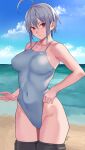  1girl ahoge beach blue_sky breasts cloud commentary_request cowboy_shot day grey_swimsuit highleg highleg_swimsuit highres horizon medium_breasts ocean original outdoors red_eyes sawatari_kazuma short_hair silver_hair sky solo swimsuit thighhighs 