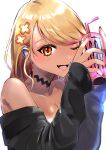  1girl akai_beniko black_choker black_sweater blonde_hair breasts brown_eyes can choker cleavage collarbone dark-skinned_female dark_skin drinking_straw fang hair_behind_ear highres holding holding_can kaminari_qpi monster_energy off_shoulder one_eye_closed open_mouth portrait smile solo sweater virtual_youtuber vspo! white_background 