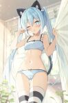  1girl ;o animal_ear_fluff animal_ears ass_visible_through_thighs asymmetrical_legwear bangs bare_arms bare_shoulders blue_bra blue_eyes blue_hair blue_nails blue_panties blush bow bow_bra bow_panties bra breasts cameltoe cat_ears cat_girl cat_hair_ornament cat_tail commentary_request curtain_grab curtains eyebrows_visible_through_hair hair_between_eyes hair_ornament hands_up highres indoors looking_at_viewer nail_polish navel one_eye_closed original panties parted_lips polka_dot polka_dot_bra polka_dot_panties saeki_sora small_breasts solo standing striped striped_legwear tail thighhighs transparent twintails underwear underwear_only 