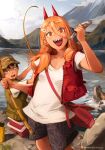  2girls :d animal bag baseball_cap black_eyes black_shorts blonde_hair bottle bright_pupils brown_headwear chainsaw_man cloud cloudy_sky collarbone commentary cooler demon_horns dish english_commentary fish fishing_rod hair_between_eyes hat higashiyama_kobeni highres holding holding_animal holding_fish horns khyle. lake long_hair looking_at_viewer looking_back motion_blur mountain mountainous_horizon multiple_girls o_o outdoors patreon_logo patreon_username pouch power_(chainsaw_man) red_eyes red_horns red_vest sharp_teeth shirt shorts shoulder_bag sitting sky smile sweat teeth vest water_bottle white_pupils white_shirt 