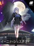  1girl bangs black_gloves black_jacket breast_curtains breasts building character_name cloud copyright_name eyebrows_visible_through_hair gloves grey_eyes highres immortals:_muvluv_alternative inia_sestina jacket logo looking_down medium_breasts moon muvluv muvluv_alternative muvluv_total_eclipse official_art open_hand partially_fingerless_gloves shorts silver_hair smile solo sugimoto_gang white_shorts 