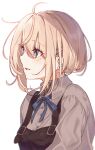  1girl bangs blonde_hair blue_eyes blue_ribbon collared_shirt dress_shirt eyebrows_visible_through_hair grey_shirt hair_between_eyes highres machi_futo mole mole_under_eye neck_ribbon open_mouth original ribbon shirt short_hair simple_background solo upper_body white_background wing_collar 