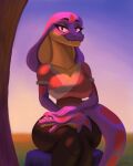 2022 anthro clothed clothing cobra fangs female hi_res keeshee looking_at_viewer outside paradoxing purple_body reptile scalie signature sitting smile smiling_at_viewer snake snake_hood spots 