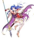  1girl ankle_boots armor bangs belt blue_eyes blue_hair boots breastplate broken_armor caeda_(fire_emblem) cape clenched_teeth dress fingerless_gloves fire_emblem fire_emblem:_mystery_of_the_emblem fire_emblem_heroes full_body fur_trim gloves gold_trim hair_ornament haru_(hiyori-kohal) high_heel_boots high_heels highres holding long_hair looking_away non-web_source official_art one_eye_closed parted_lips pink_footwear polearm shiny shiny_hair short_dress short_sleeves shoulder_armor skirt solo spear sword teeth thighhighs torn_belt torn_cape torn_clothes torn_legwear transparent_background weapon white_legwear zettai_ryouiki 