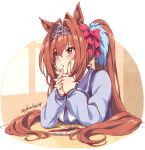  1girl animal_ears bangs blue_shirt blush breasts brown_hair daiwa_scarlet_(umamusume) elbow_rest fuusuke_(fusuke208) hands_on_own_face highres horse_ears long_hair long_sleeves mechanical_pencil medium_breasts notebook own_hands_together parted_lips pencil red_eyes sailor_collar school_uniform shirt sitting solo table tiara tracen_school_uniform twintails twintails_day twitter_username umamusume upper_body very_long_hair 