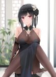  1girl azur_lane bare_shoulders black_dress black_flower black_rose bodystocking breasts brown_gloves chen_hai_(azur_lane) chen_hai_(vestibule_of_wonders)_(azur_lane) china_dress chinese_clothes dress elbow_gloves eyebrows_visible_through_hair feet_out_of_frame flower gloves highres lace-trimmed_gloves lace_trim large_breasts long_hair looking_at_viewer official_alternate_costume pelvic_curtain purple_eyes qing_wu rose sitting solo taut_clothes taut_dress 