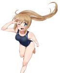  1girl barefoot black_swimsuit blonde_hair blue_eyes collarbone commentary_request competition_swimsuit feet_out_of_frame highres long_hair love_live! love_live!_school_idol_festival odango- one-piece_swimsuit ponytail smile solo suda_iruka swimsuit white_background 