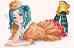  1girl absurdres aqua_eyes black_legwear blue_hair boots center_frills closed_mouth commentary dress frills green_legwear head_rest heart highres light_blush looking_at_viewer lying monogatari_(series) nemo_ringo on_stomach ononoki_yotsugi orange_dress pantyhose pink_background puffy_short_sleeves puffy_sleeves short_sleeves simple_background solo striped striped_legwear thick_eyebrows twintails yellow_footwear 