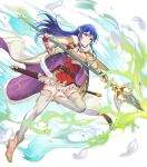  1girl ankle_boots armor bangs belt blue_eyes blue_hair boots breastplate caeda_(fire_emblem) cape closed_mouth dress elbow_gloves feathers fingerless_gloves fire_emblem fire_emblem:_mystery_of_the_emblem fire_emblem_heroes full_body fur_trim gloves gold_trim hair_ornament haru_(hiyori-kohal) high_heel_boots high_heels highres holding holding_weapon leg_up long_hair looking_away non-web_source official_art pink_footwear polearm shiny shiny_hair short_dress short_sleeves shoulder_armor skirt solo spear sword thighhighs transparent_background weapon white_legwear zettai_ryouiki 