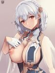  1girl azur_lane breast_curtains breasts china_dress chinese_clothes dress eyebrows_visible_through_hair gloves grey_dress half_gloves highres looking_at_viewer nipples official_alternate_costume one_breast_out oyasu red_eyes revealing_clothes ribbon_between_breasts see-through_sleeves short_hair simple_background sirius_(azur_lane) sirius_(azure_horizons)_(azur_lane) solo upper_body white_gloves white_hair 