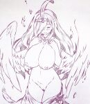  1girl angel_wings blush breasts closed_eyes closed_mouth commentary_request copyright_request female_pubic_hair hair_over_one_eye highres large_breasts long_hair monochrome navel nipples nude pubic_hair solo thighs traditional_media tsukareta_san wings 