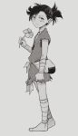  1girl absurdres bandaged_arm bandaged_leg bandages black_hair child commentary dororo_(character) dororo_(tezuka) flat_chest florbetriz flower full_body greyscale hand_up highres holding holding_flower monochrome parted_lips short_hair solo standing tied_hair 