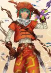  .hack// 1boy aqua_hair beige_background belt blue_eyes brown_belt brown_gloves dagger eyebrows_visible_through_hair facial_mark glitch gloves gradient gradient_background hair_between_eyes hexagon highres holding holding_weapon kite_(.hack//) knife laovaan male_focus red_headwear red_legwear shirt signature weapon white_shirt 