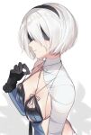  1girl bandaged_arm bandages black_gloves black_hairband breasts cleavage covered_eyes gloves hairband highres kaine_(nier) large_breasts looking_at_viewer machi_futo mole mole_under_mouth nier nier_(series) short_hair sideboob silver_hair strap_gap upper_body white_background 