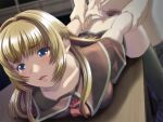  1boy 1girl arm_grab arms_behind_back bangs bent_over black_legwear blonde_hair blue_eyes blurry blurry_background bottomless breasts brown_sailor_collar brown_shirt clothes_pull collarbone collared_shirt desk eyebrows_visible_through_hair game_cg hair_intakes hetero ichinose_madoka indoors long_hair medium_breasts mitsuya_(iron) on_desk open_mouth pants pants_pull sailor_collar sailor_shirt sex shiny shiny_hair shirt short_sleeves standing standing_sex straight_hair thighhighs yuumei_sakai_wo_koto_ni_suru 